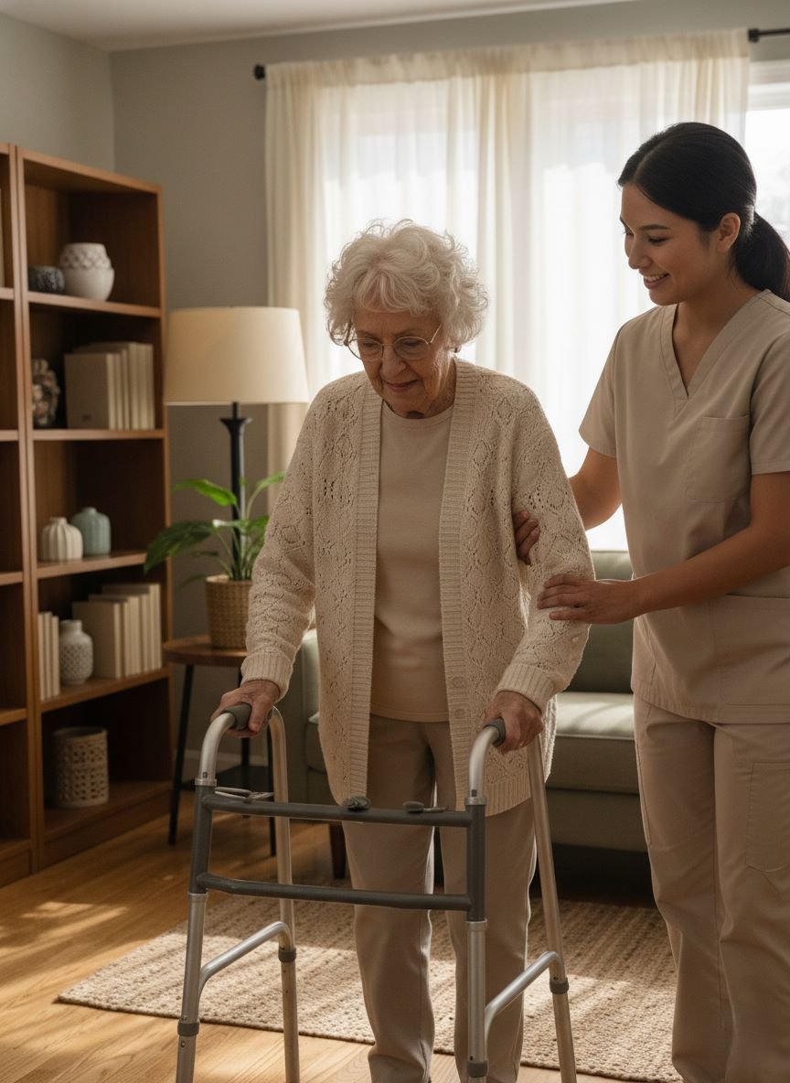 Caregiver helping senior patient with walker
